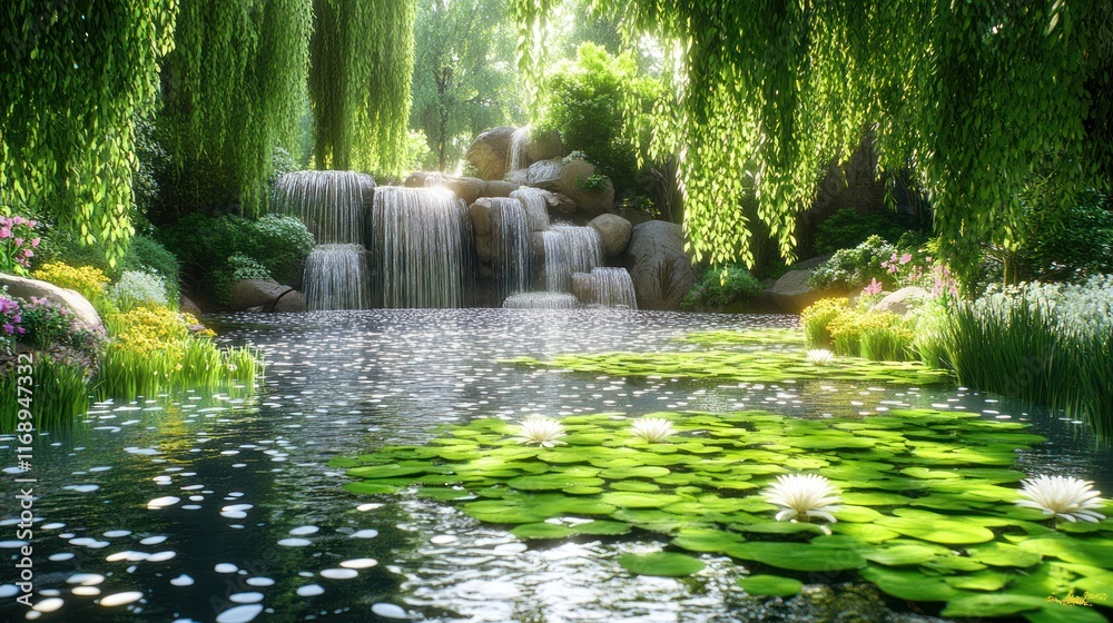 Naklejka premium Serene waterfall cascading into a tranquil pond surrounded by lush greenery and flowering plants.