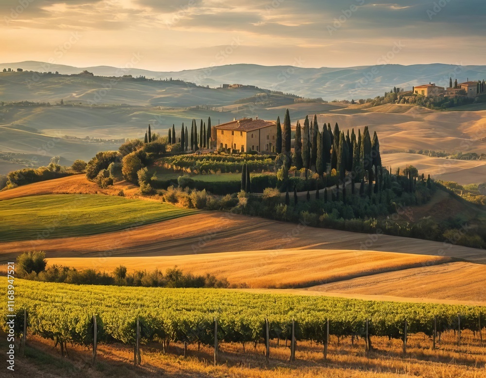 Naklejka premium A panoramic view of rolling hills and fields in Tuscany, Italy during autumn with warm sunlight shining down