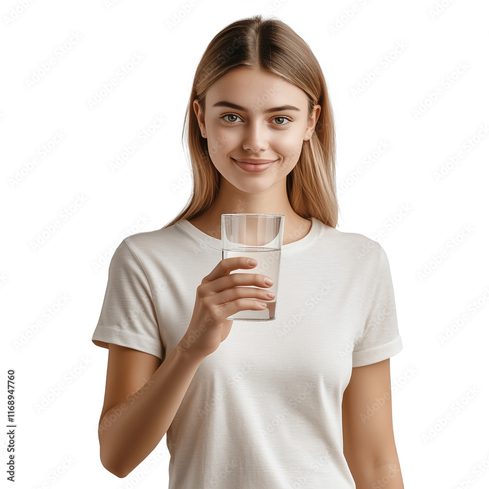 Young caucasian woman holding a glass of water and smiling at the camera promoting hydration and healthy lifestyle, isolated on transparent. Young caucasian woman holding a glass of water and smiling at the camera promoting hydration and healthy lifestyle, isolated on transparent.