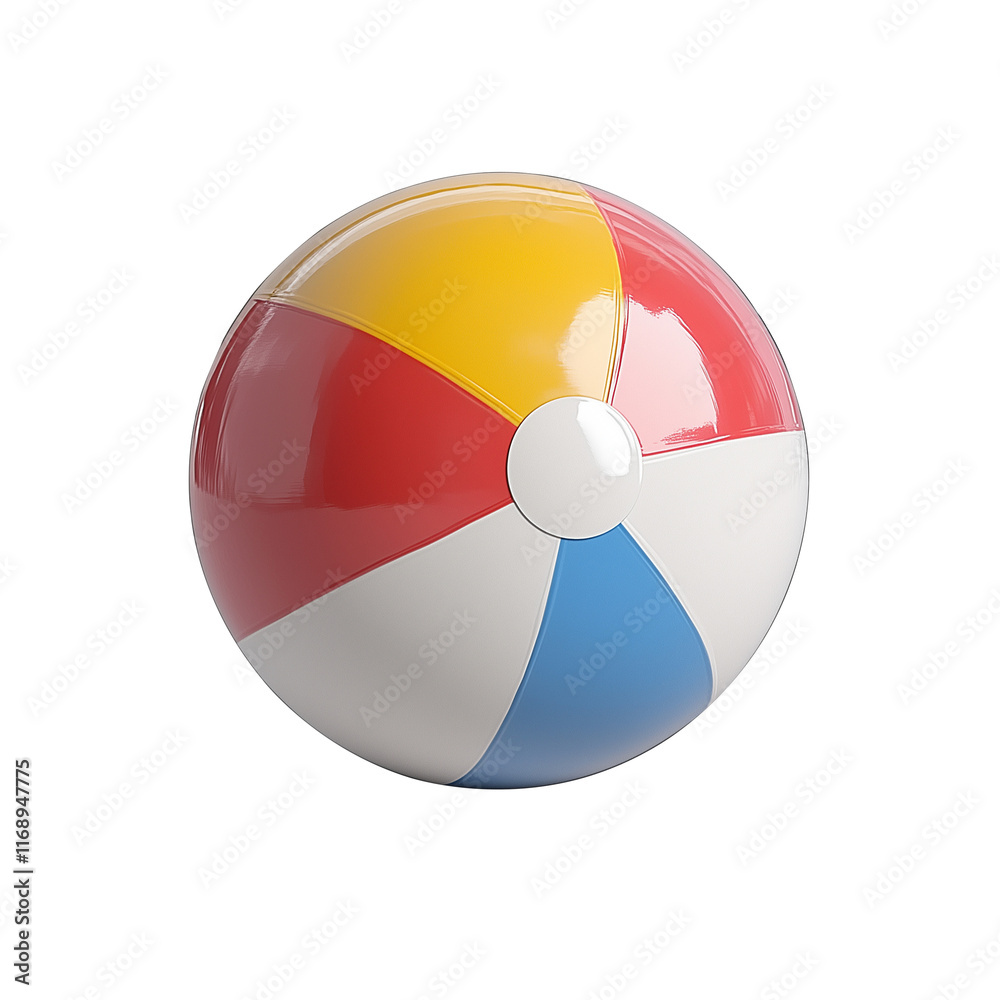 Obraz premium Colorful beach ball with red, yellow, blue, and white panels floating on a black background for summer fun. 