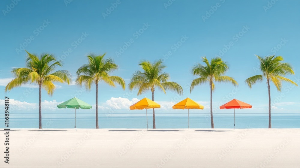 Tropical Beach Paradise Colorful Umbrellas Palm Trees Ocean View Tropical Beach Paradise Colorful Umbrellas Palm Trees Ocean View
