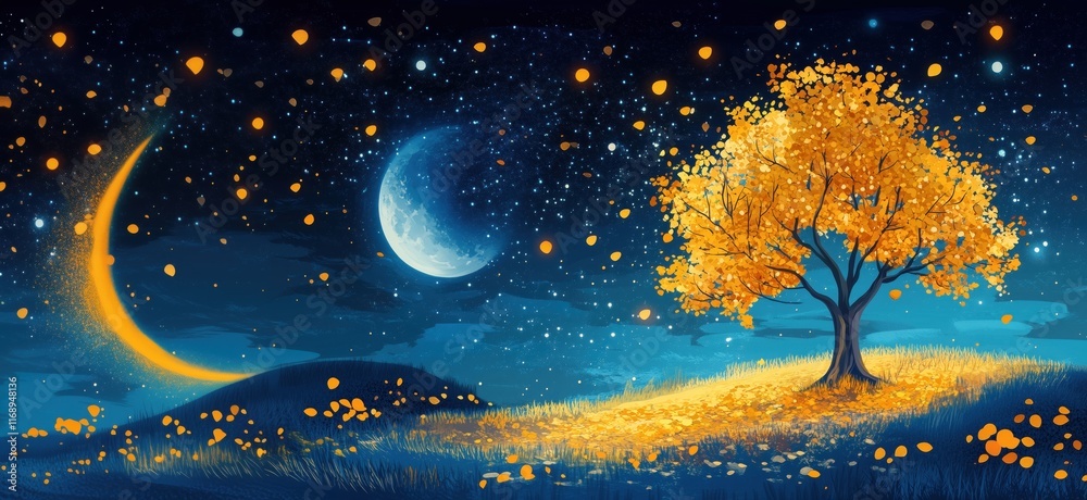 Fototapeta premium Enchanting night landscape with glowing moon, vibrant autumn tree, and starry sky filled with floating leaves, copy space for text