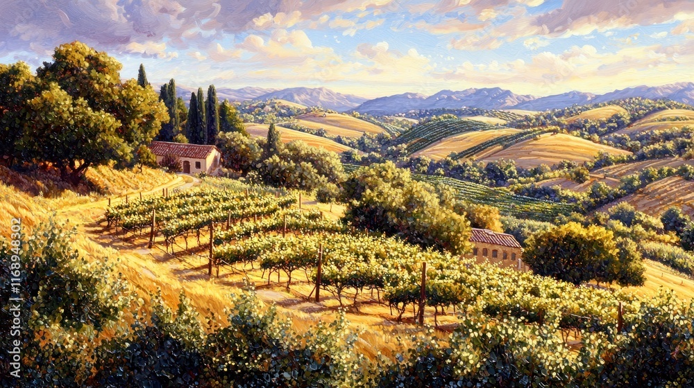 Obraz premium Tuscan Vineyard Landscape Golden Hour Sunlight