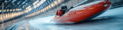 A close-up of a bobsled racing down an icy track, with the sled's details and track's curves vividly captured