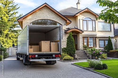 Residential moving process with truck parked in front. photo