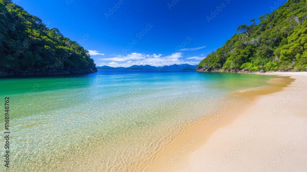 Fototapeta premium Serene Secluded Cove Tropical Beach Clear Water Lush Greenery