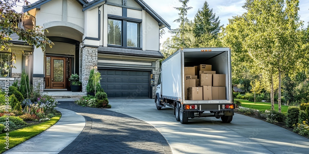 Obraz premium A wide view of a charming suburban house featuring a moving truck loaded with goods.