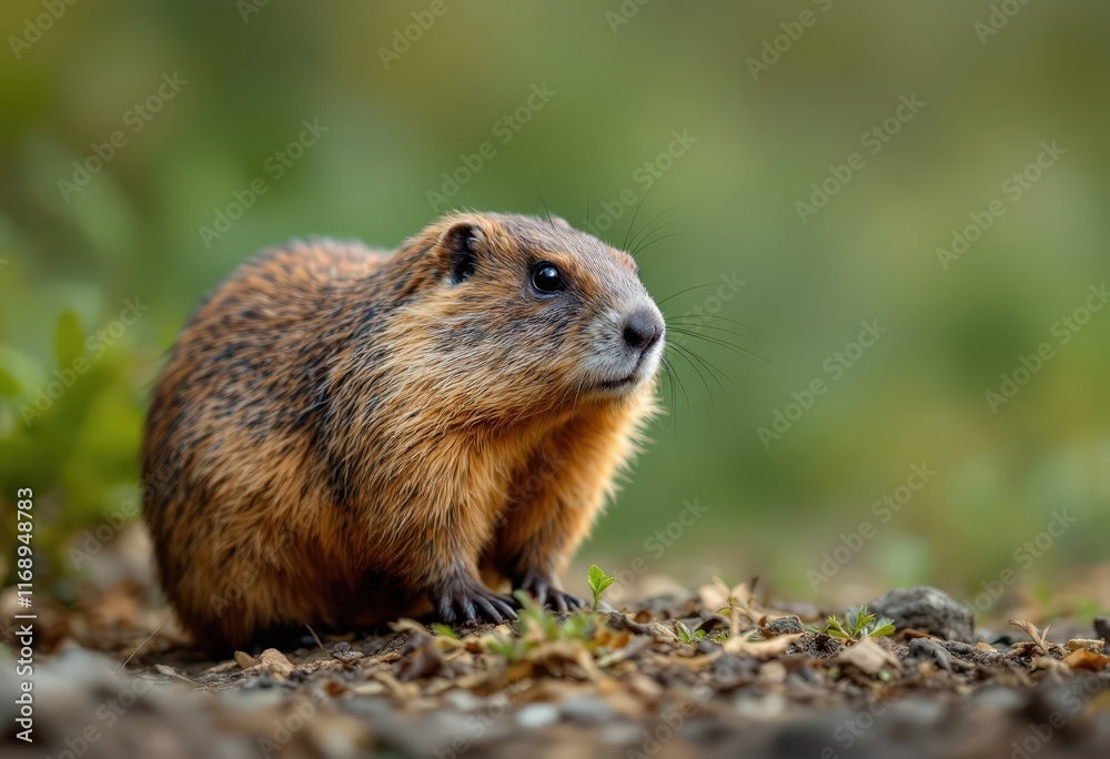 Cute groundhog sitting on grassy hill. Wildlife in natural habitat. Earth Day, groundhog day,spring concept. Animal for nature poster, banner, card with copy space Cute groundhog sitting on grassy hill. Wildlife in natural habitat. Earth Day, groundhog day,spring concept. Animal for nature poster, banner, card with copy space