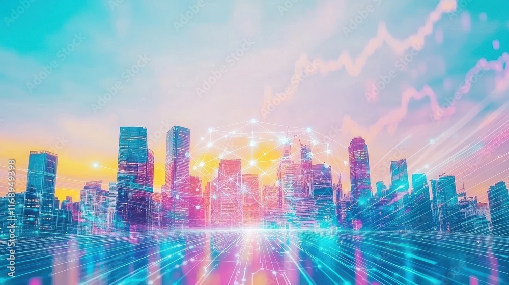 Obraz premium Vibrant city skyline at sunset with a digital overlay of light and color.