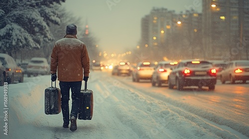 Man walking in snow with luggage amidst city traffic.