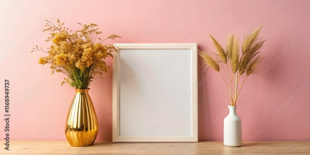 Fototapeta premium Gold Vase Dried Flowers Poster Mockup Pink Wall