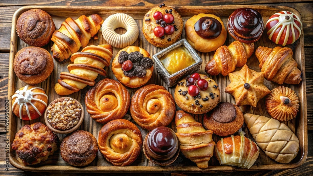 Gourmet Pastries Aerial View, Delicious Treats, High-Angle Pastry Tray Gourmet Pastries Aerial View, Delicious Treats, High-Angle Pastry Tray