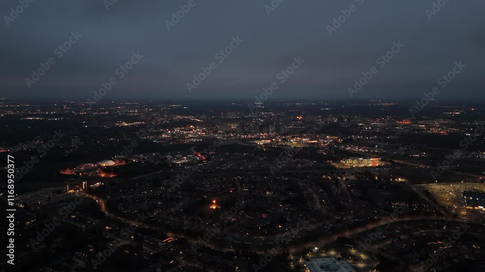 Beautiful drone view above Waterloo with a cityscape under cloudy sky in the evening Beautiful drone view above Waterloo with a cityscape under cloudy sky in the evening