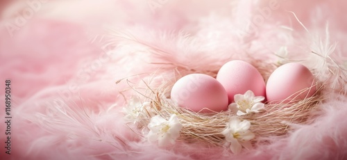 Pink Easter eggs nestled in soft feathers and delicate flowers, creating a serene springtime atmosphere, copy space for text