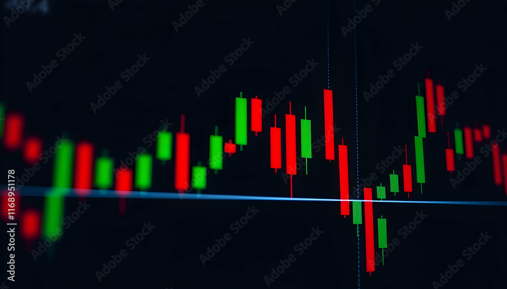 stock market chart, candlestick graph, red and green bars, financial data visualization, trading screen, black background, neon colors, digital display, economic indicators, market volatility, investm