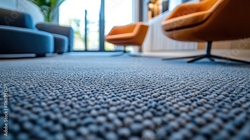 Close-up of textured gray carpet; blurred armchairs in background. Shows modern office space flooring; ideal for design, architecture, and real estate.