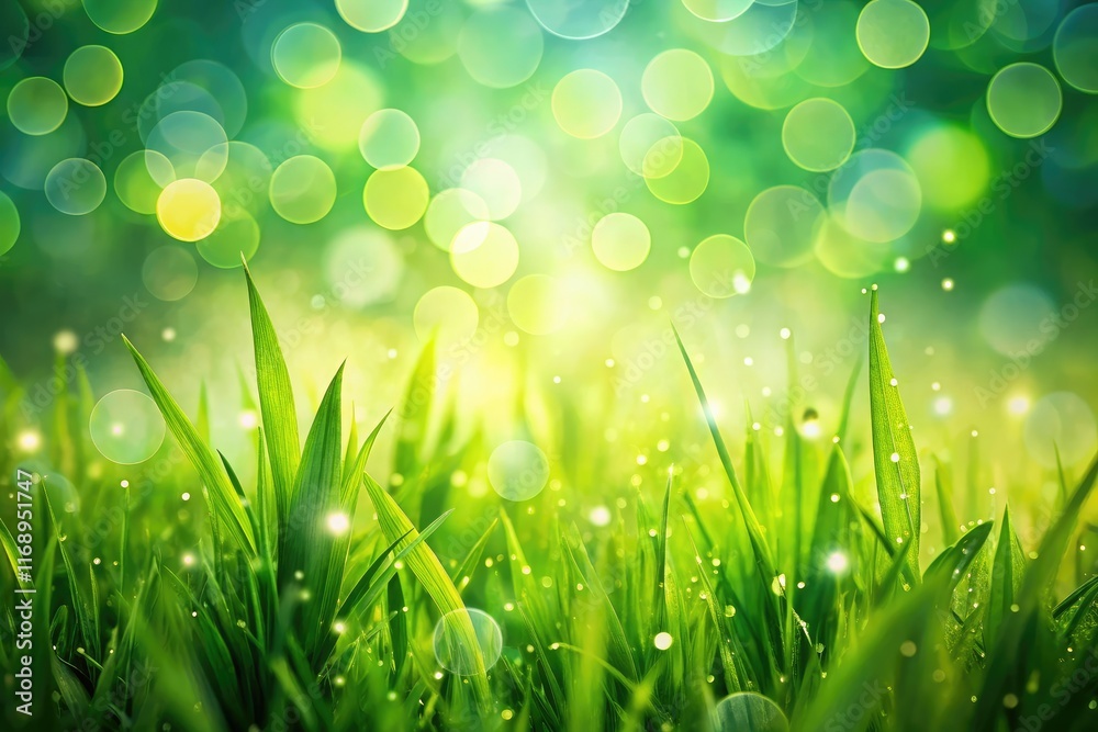 Fototapeta premium Green Nature Abstract Background with Copy Space, Out of Focus Grass, Dots, Spots