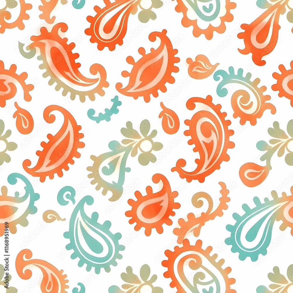 Watercolor Paisley Pattern: A vibrant, seamless pattern featuring hand-painted paisley designs in shades of coral, teal, and beige. Perfect for adding a touch of bohemian elegance to your projects. Watercolor Paisley Pattern: A vibrant, seamless pattern featuring hand-painted paisley designs in shades of coral, teal, and beige. Perfect for adding a touch of bohemian elegance to your projects.