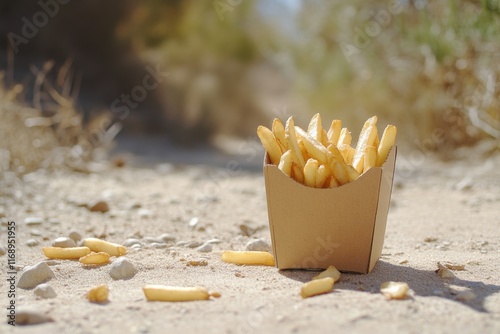 French Fries in Cardboard Container on Sandy Ground photo