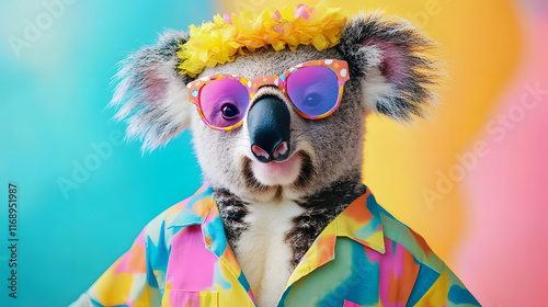 Creative animal concept. Koala, vibrant bright fashionable outfits isolated on solid background advertisement with copy space. birthday party invite invitation banner photo