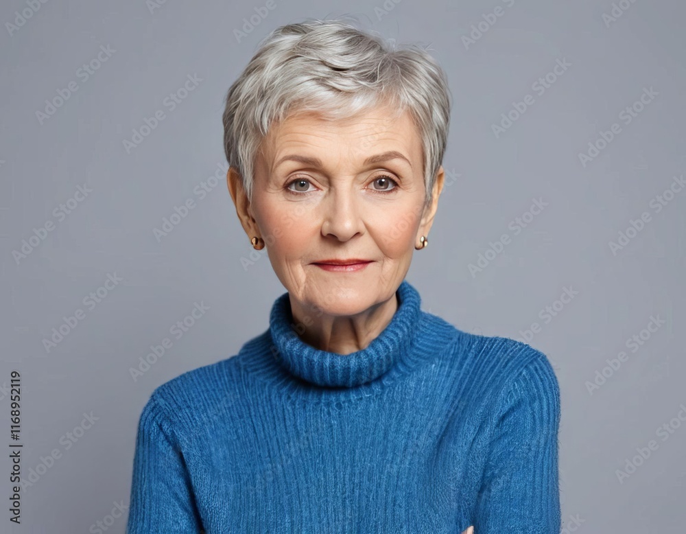 A portrait of an elderly woman with a short pixie haircut wearing a blue sweater A portrait of an elderly woman with a short pixie haircut wearing a blue sweater