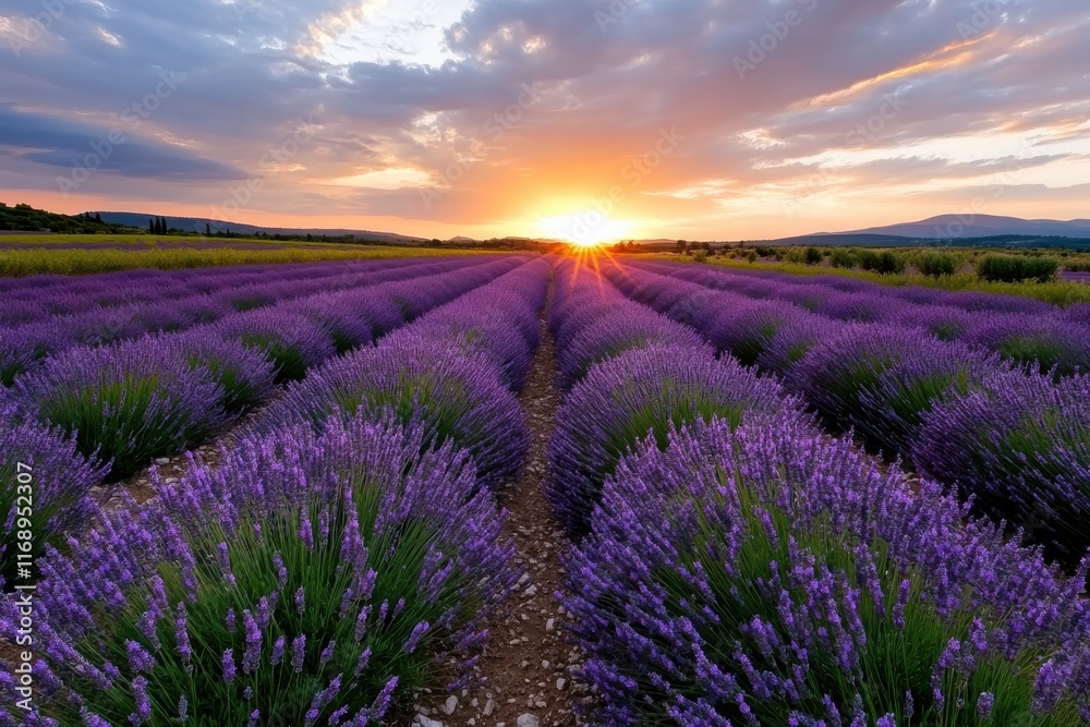 A stunning view of lavender fields stretching to the horizon, illuminated by a warm sunset, showcasing the beauty and tranquility of nature's landscapes. A stunning view of lavender fields stretching to the horizon, illuminated by a warm sunset, showcasing the beauty and tranquility of nature's landscapes.
