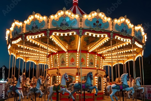 A vintage carousel with an American flag draped near the operator’s booth.