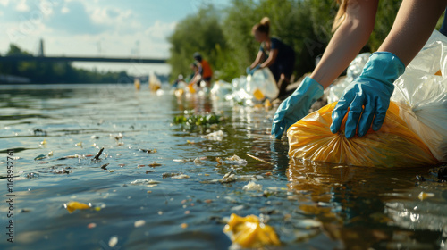 Cleaning river pollution with volunteers, wearing gloves, collecting waste