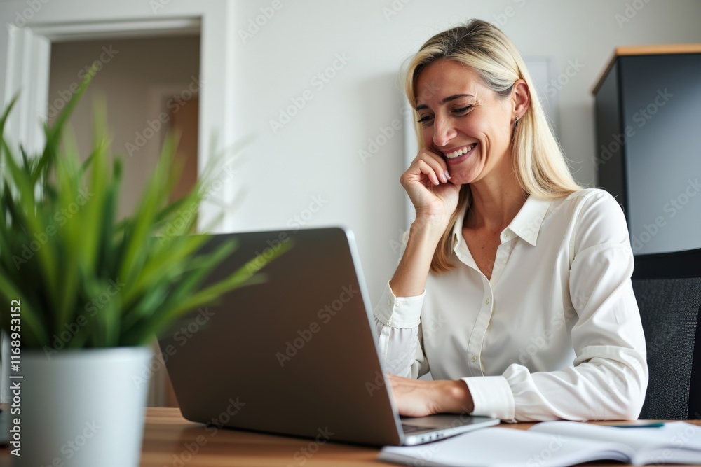 Smiling Businesswoman Working on Laptop in Modern Office Setting, Perfect for Business Marketing or Inspirational Content Smiling Businesswoman Working on Laptop in Modern Office Setting, Perfect for Business Marketing or Inspirational Content