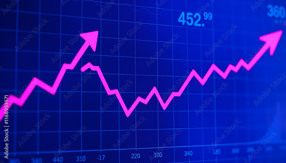 neon pink stock market graph, upward trend, blue grid background, financial data visualization, glowing arrows, digital display, economic growth chart, vibrant colors, futuristic finance concept, dyna neon pink stock market graph, upward trend, blue grid background, financial data visualization, glowing arrows, digital display, economic growth chart, vibrant colors, futuristic finance concept, dyna