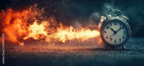 Alarm clock with flames and smoke, symbolizing urgency and the passage of time, dramatic lighting and intense atmosphere, copy space for text