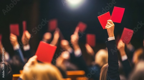 Auction house filled with enthusiastic bidders raising paddles in competitive bidding environment, showcasing the excitement and dynamics of auction culture.