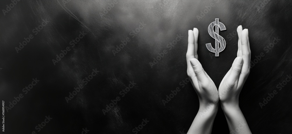 Hands Holding Dollar Sign Symbolizing Wealth and Financial Security in Black and White, copy space for text Hands Holding Dollar Sign Symbolizing Wealth and Financial Security in Black and White, copy space for text