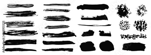 Artistic set of grunge hand painted isolated black ink textured brush strokes and blobs. Abstract unique chalk painting lines, scribble and scratches for graphic design, decoration, texture