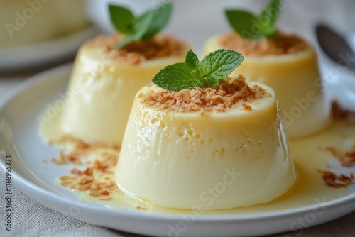 Creamy Flan Desserts Topped With Crumble And Mint photo