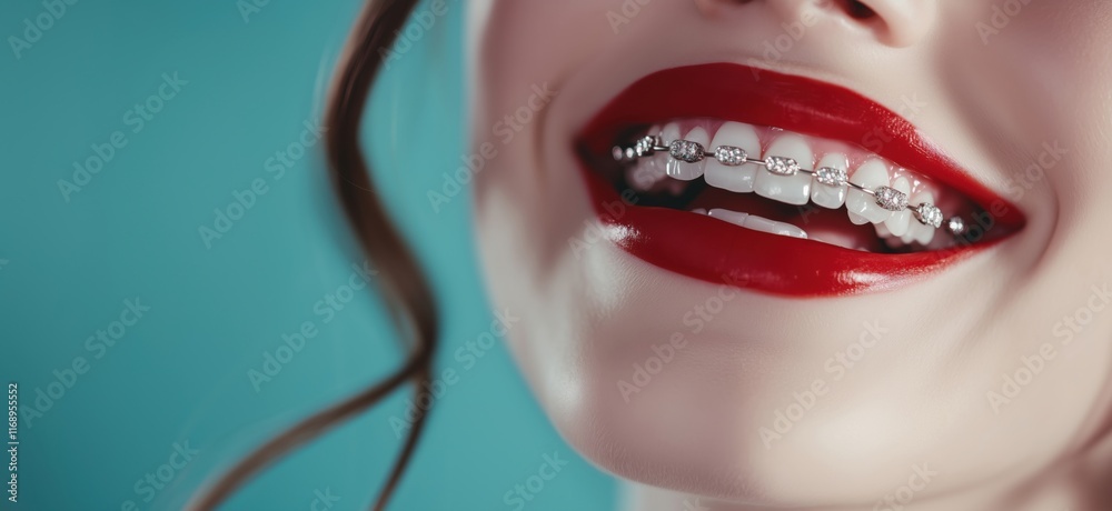 Obraz premium Braces with Diamond Accents on Beautiful Smile, Radiant Red Lips, Close-Up Portrait of Young Woman, Vibrant Background, copy space for text