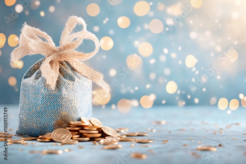 A Hanukkah gelt bag spilling chocolate coins onto a table, surrounded by festive blue and gold decorations