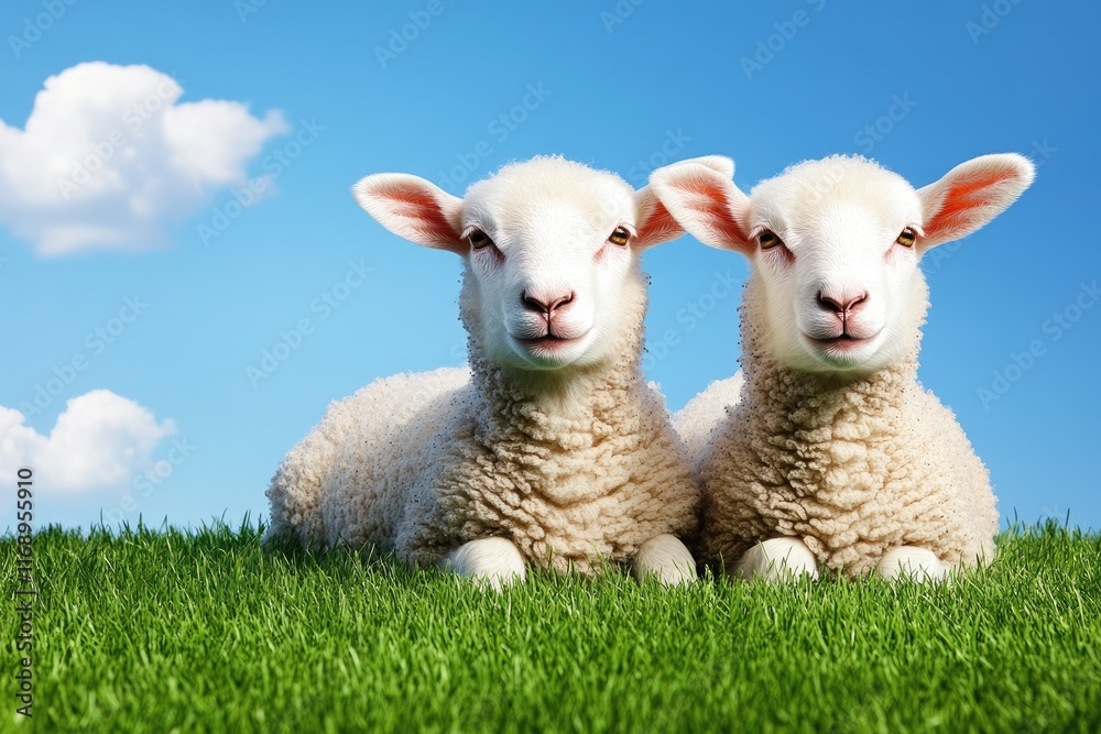 Fototapeta premium Twin lambs resting on lush green grass under a blue sky