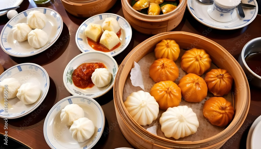 Delicious Asian Dim Sum in a Bamboo Steamer Delicious Asian Dim Sum in a Bamboo Steamer