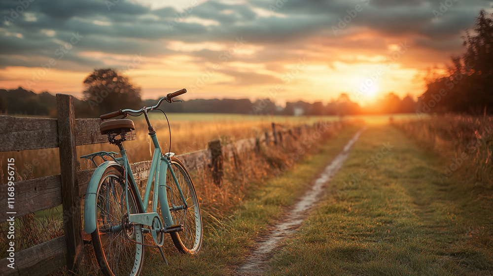Obraz premium Bicycle on snowy trail at sunrise, symbolizing adventure and tranquility. 