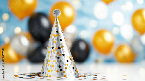 Silver party hat with golden polka dots and balloons in background, symbolizing fun, celebration, and festive moods for vibrant stock imagery themes. photo