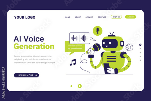 AI Voice Generation landing page template. Robot AI creating voice design concept illustration