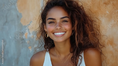 Happy Young Woman with Freckles Smiling Against Textured Wall