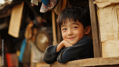 Smiling asian boy leaning out of a rustic window
