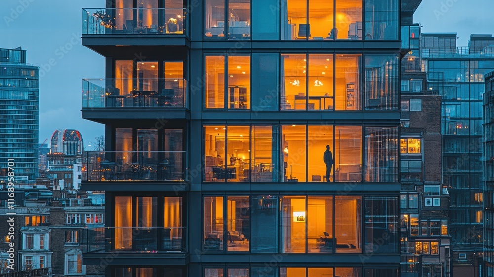 Silhouette in Illuminated Apartment Building at Dusk Silhouette in Illuminated Apartment Building at Dusk