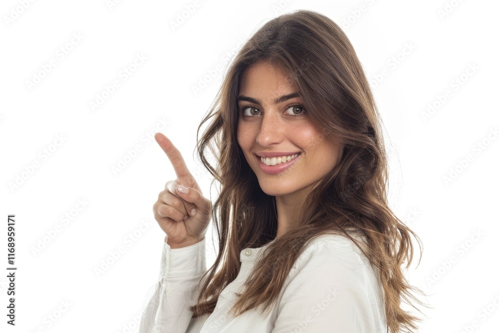 Smiling brunette businesswoman pointing at side. Smiling brunette businesswoman pointing at side.