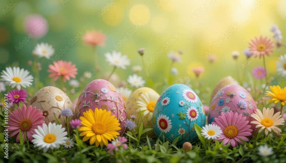 Easter eggs in meadow surrounded by flowers and sunlight Easter eggs in meadow surrounded by flowers and sunlight