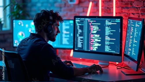 person working on multiple screens