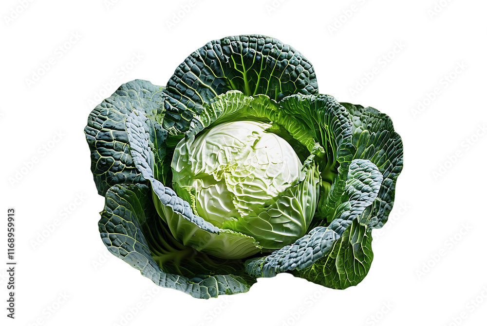 Fototapeta premium Fresh Green Cabbage with Detailed Leaf Texture on cut out background