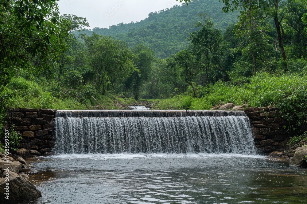 Stone dam waterfall in lush green forest. Ideal for nature, environment, and conservation projects. Stone dam waterfall in lush green forest. Ideal for nature, environment, and conservation projects.